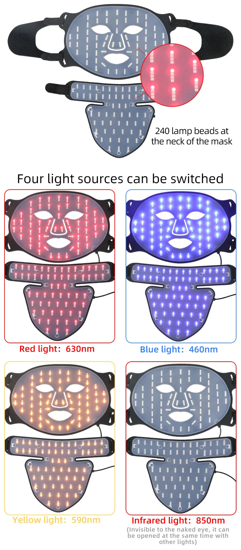 Portable Led Face Mask 4 Colors Red Light Therapy Face Mask 850NM Near Infrared Red Light Photon Therapy Skin Care Face Mask